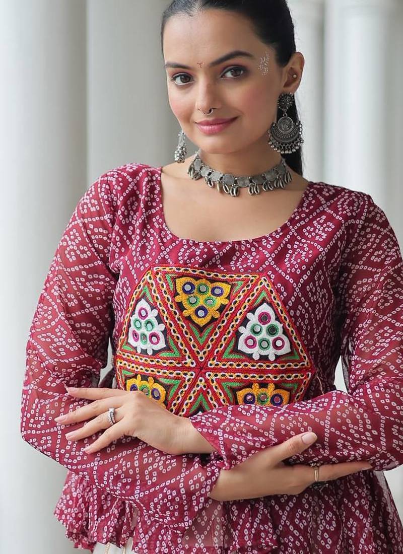 Wine navratri bandhani print kutchi gamthi patchwork top