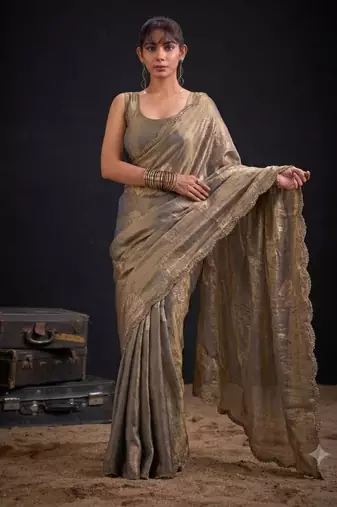 Grey silk blend embroidered saree