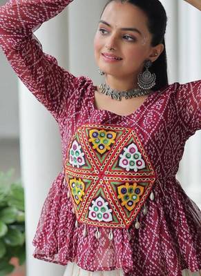 Wine navratri bandhani print kutchi gamthi patchwork top 2