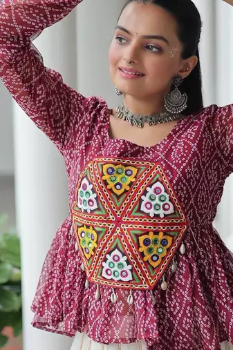 Wine navratri bandhani print kutchi gamthi patchwork top