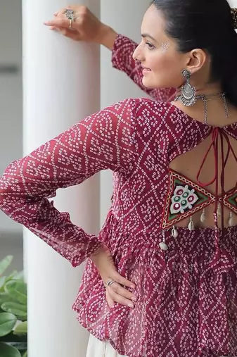 Wine navratri bandhani print kutchi gamthi patchwork top