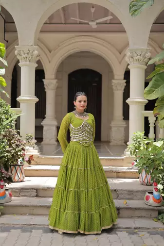 Parrot Green Navaratri Special Leheriya Print with Gota-Patti Lace Work Lehenga Choli