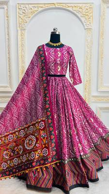 Rani Pink Navratri Muslin Cotton Digital Print Lehenga Choli Set with Mirror Work 1