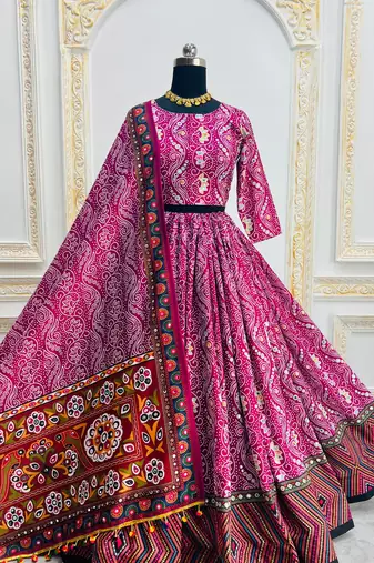 Rani Pink Navratri Muslin Cotton Digital Print Lehenga Choli Set with Mirror Work
