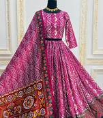 Rani Pink Navratri Muslin Cotton Digital Print Lehenga Choli Set with Mirror Work