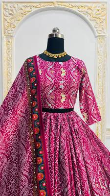 Rani Pink Navratri Muslin Cotton Digital Print Lehenga Choli Set with Mirror Work 3