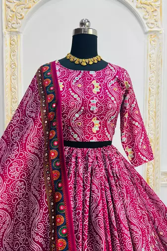 Rani Pink Navratri Muslin Cotton Digital Print Lehenga Choli Set with Mirror Work