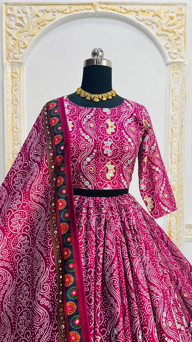 Rani Pink Navratri Muslin Cotton Digital Print Lehenga Choli Set with Mirror Work