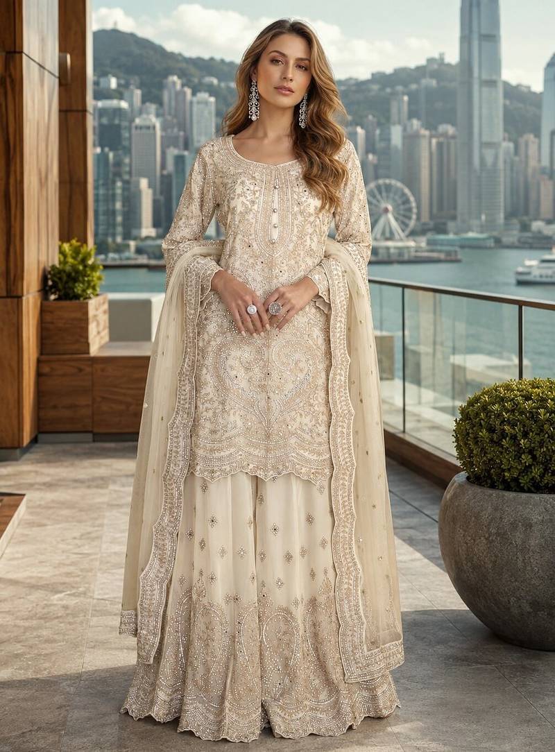 White net free size stitched suit with embroidery & hand work