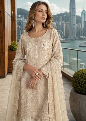 White net free size stitched suit with embroidery & hand work 2