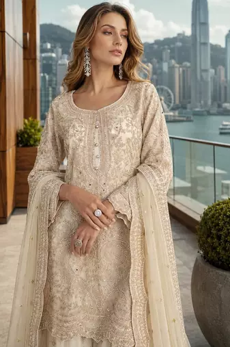 White net free size stitched suit with embroidery & hand work