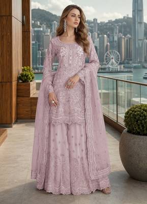 Lavender net free size stitched suit with embroidery & hand work 1