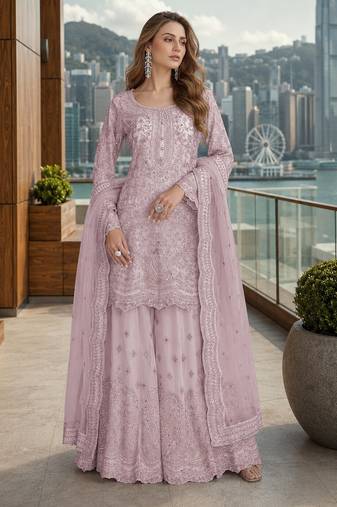 Lavender net free size stitched suit with embroidery & hand work