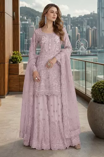 Lavender net free size stitched suit with embroidery & hand work