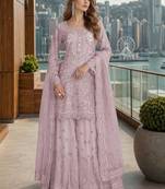 Lavender net free size stitched suit with embroidery & hand work