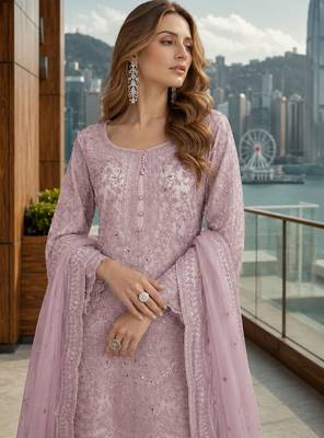 Lavender net free size stitched suit with embroidery & hand work 2