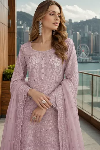 Lavender net free size stitched suit with embroidery & hand work