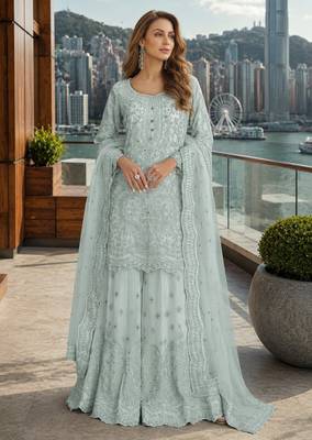 Blue net free size stitched suit with embroidery & hand work 1