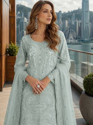 Blue net free size stitched suit with embroidery & hand work 2