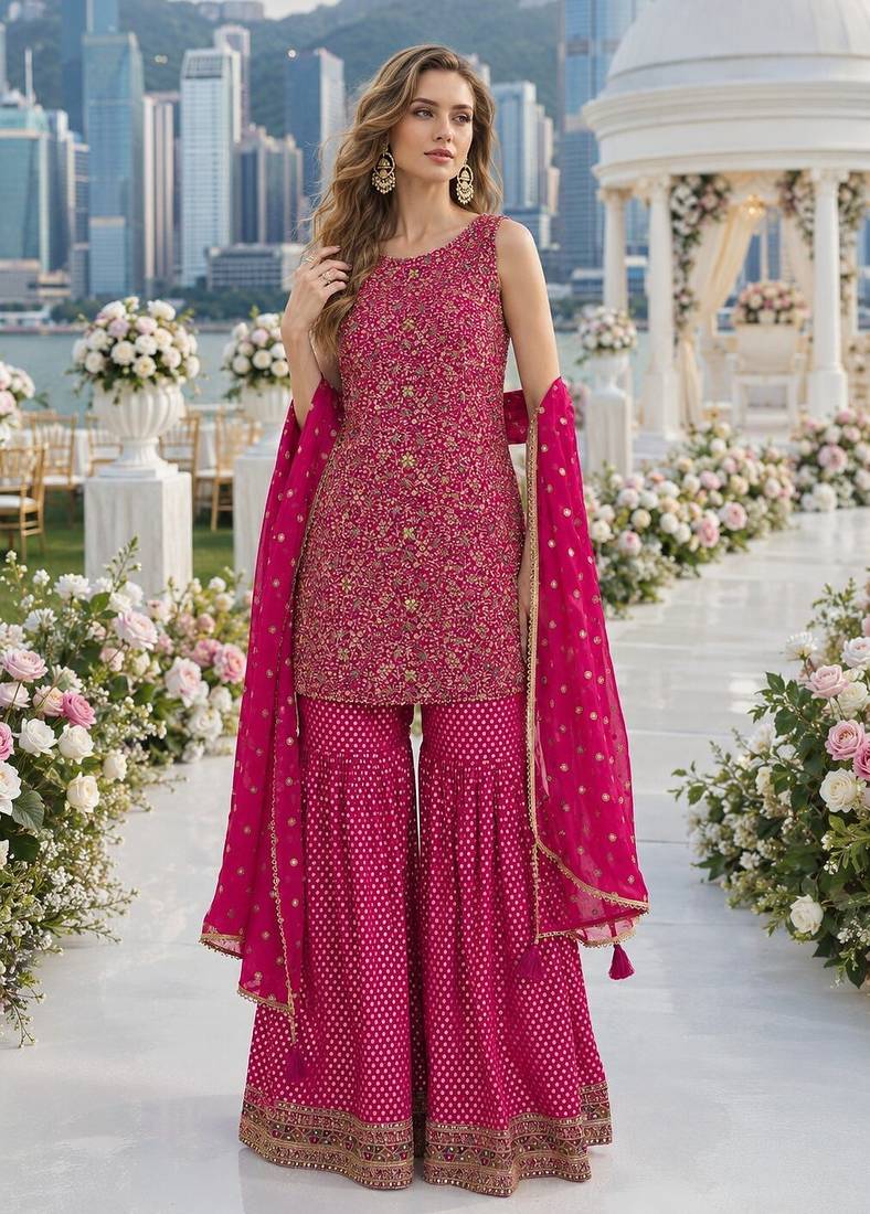 Rani georgette free size stitched suit with embroidery & zarkan work