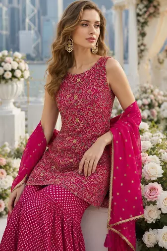 Rani georgette free size stitched suit with embroidery & zarkan work