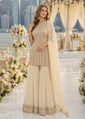 White georgette free size stitched suit with embroidery & zarkan work 1