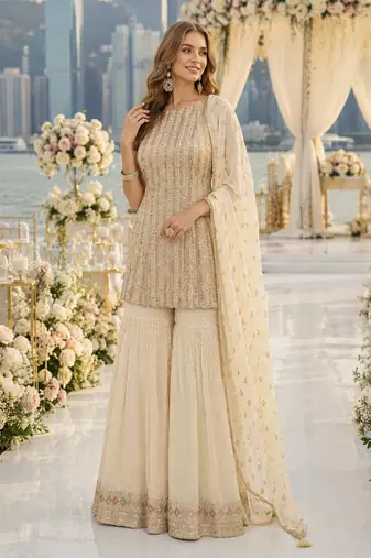 White georgette free size stitched suit with embroidery & zarkan work