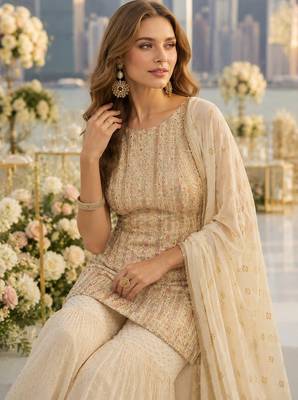 White georgette free size stitched suit with embroidery & zarkan work 2