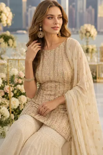 White georgette free size stitched suit with embroidery & zarkan work