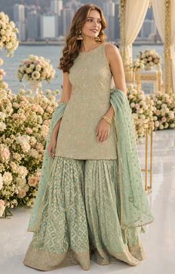 Sea georgette free size stitched suit with embroidery & zarkan work 1
