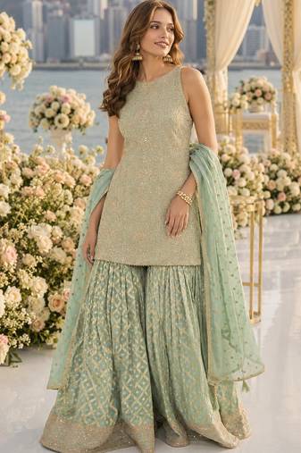 Sea georgette free size stitched suit with embroidery & zarkan work