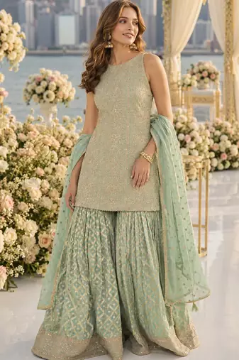 Sea georgette free size stitched suit with embroidery & zarkan work