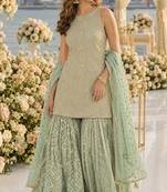 Sea georgette free size stitched suit with embroidery & zarkan work