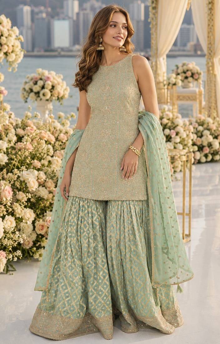 Sea georgette free size stitched suit with embroidery & zarkan work