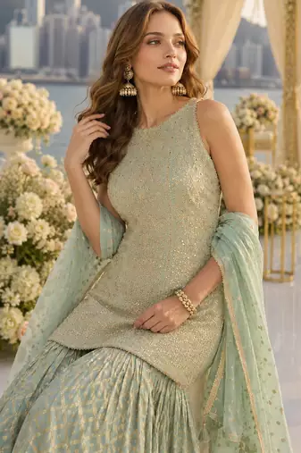 Sea georgette free size stitched suit with embroidery & zarkan work