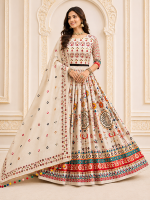 Off White Navratri Muslin Cotton Digital Print Lehenga Choli Set with Mirror Work 2