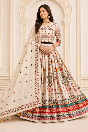 Off White Navratri Muslin Cotton Digital Print Lehenga Choli Set with Mirror Work