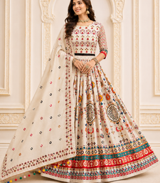 Off White Navratri Muslin Cotton Digital Print Lehenga Choli Set with Mirror Work