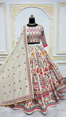 Off White Navratri Muslin Cotton Digital Print Lehenga Choli Set with Mirror Work 1