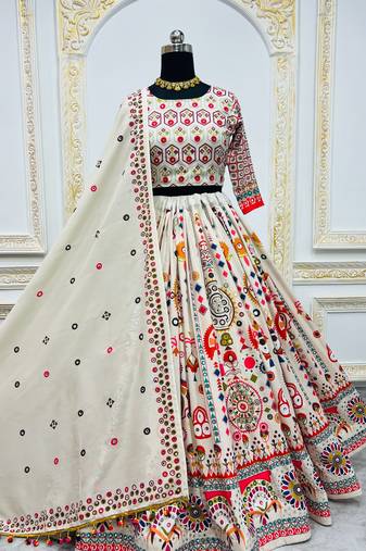 Off White Navratri Muslin Cotton Digital Print Lehenga Choli Set with Mirror Work