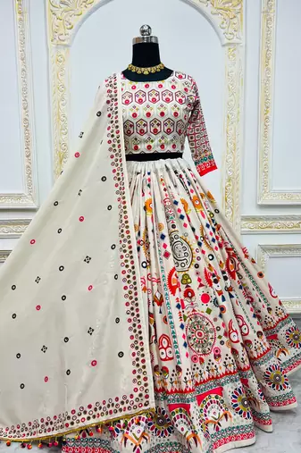 Off White Navratri Muslin Cotton Digital Print Lehenga Choli Set with Mirror Work