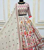 Off White Navratri Muslin Cotton Digital Print Lehenga Choli Set with Mirror Work