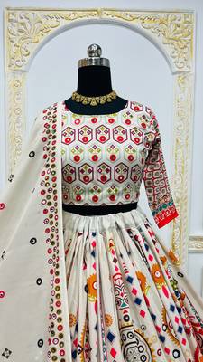 Off White Navratri Muslin Cotton Digital Print Lehenga Choli Set with Mirror Work 3