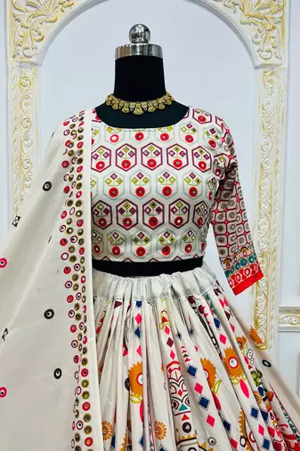 Off White Navratri Muslin Cotton Digital Print Lehenga Choli Set with Mirror Work