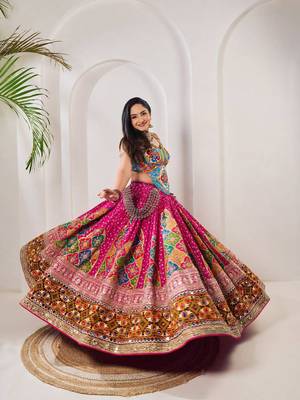Rani Pink Navratri Lehenga Choli Heavy Muslin Cotton Digital Print Mirror Work 1
