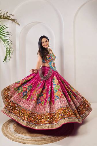 Rani Pink Navratri Lehenga Choli Heavy Muslin Cotton Digital Print Mirror Work