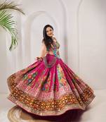 Rani Pink Navratri Lehenga Choli Heavy Muslin Cotton Digital Print Mirror Work