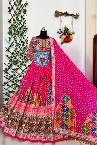 Rani Pink Navratri Lehenga Choli Heavy Muslin Cotton Digital Print Mirror Work