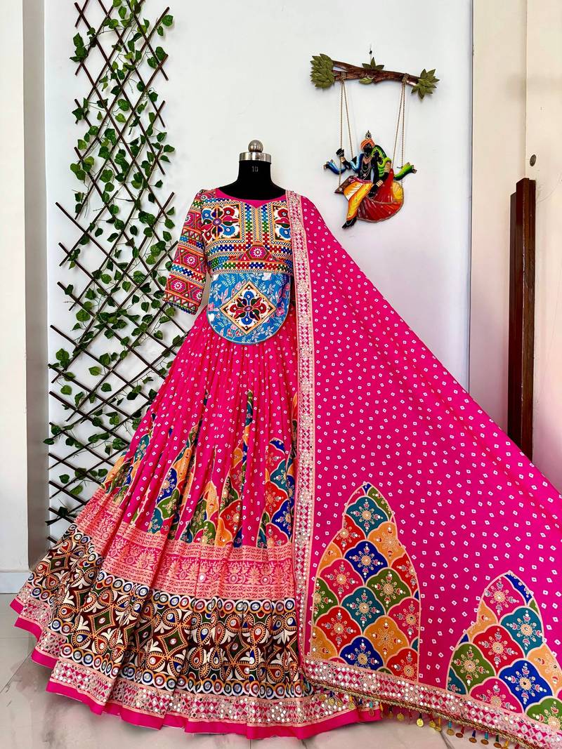 Rani Pink Navratri Lehenga Choli Heavy Muslin Cotton Digital Print Mirror Work