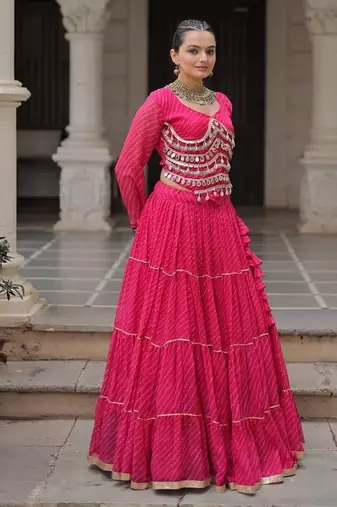 Pink Navaratri Special Leheriya Print with Gota-Patti Lace Work Lehenga Choli